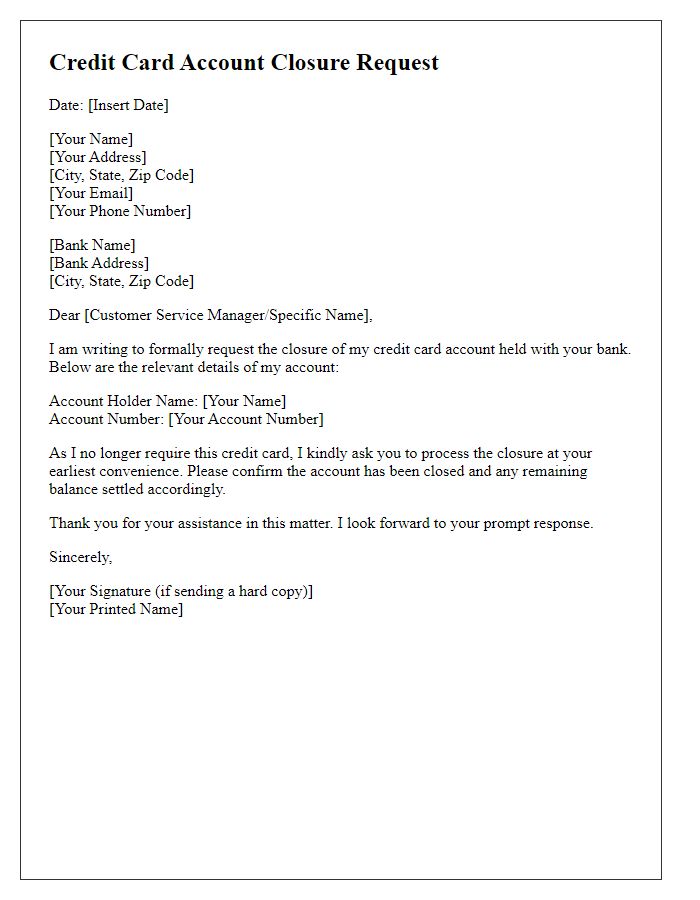 Letter template of formal credit card account closure request