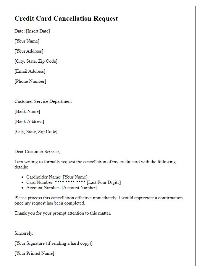 Letter template of personalized credit card cancellation request