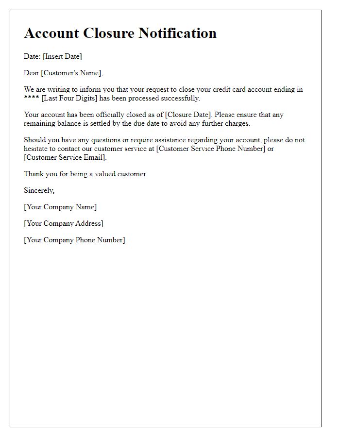 Letter template of simple credit card account closure notification