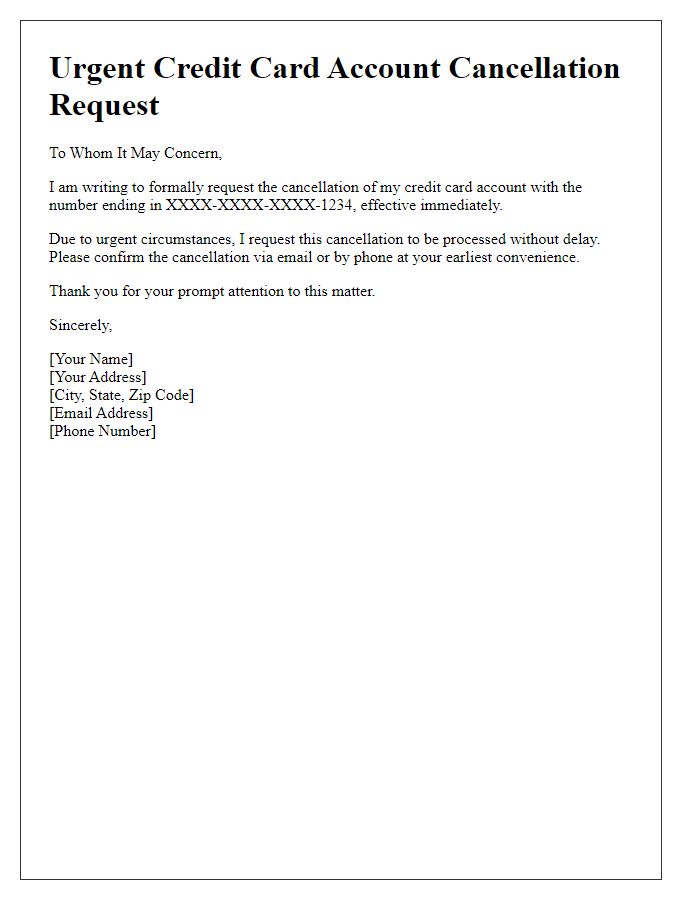 Letter template of urgent credit card account cancellation request