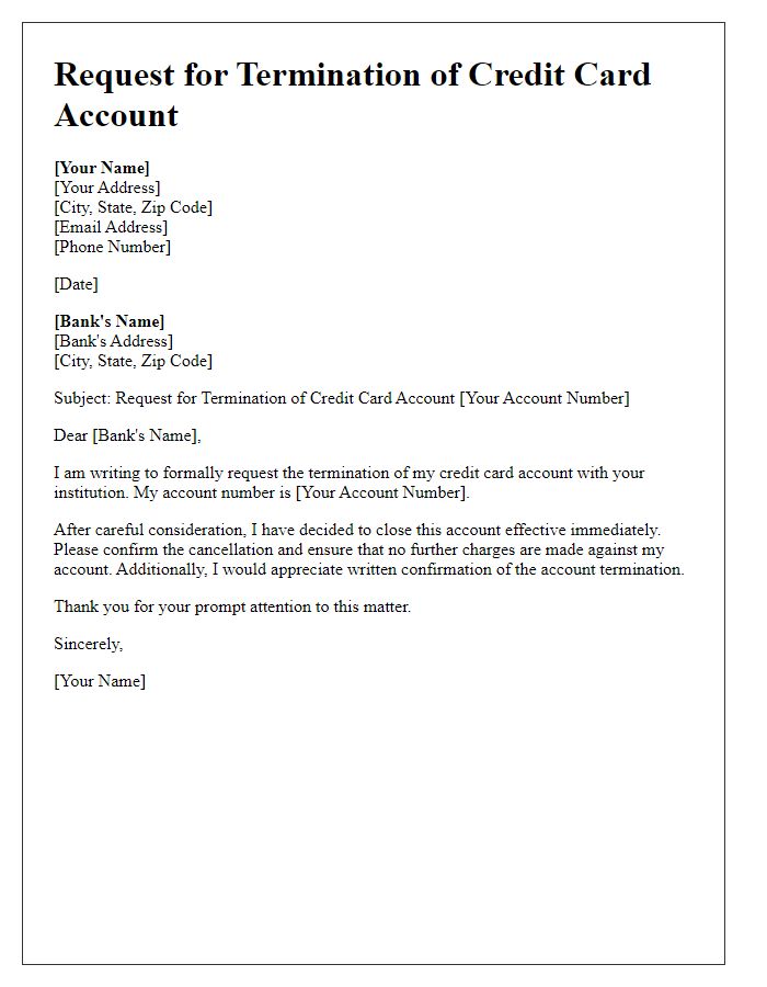 Letter template of written request for credit card account termination