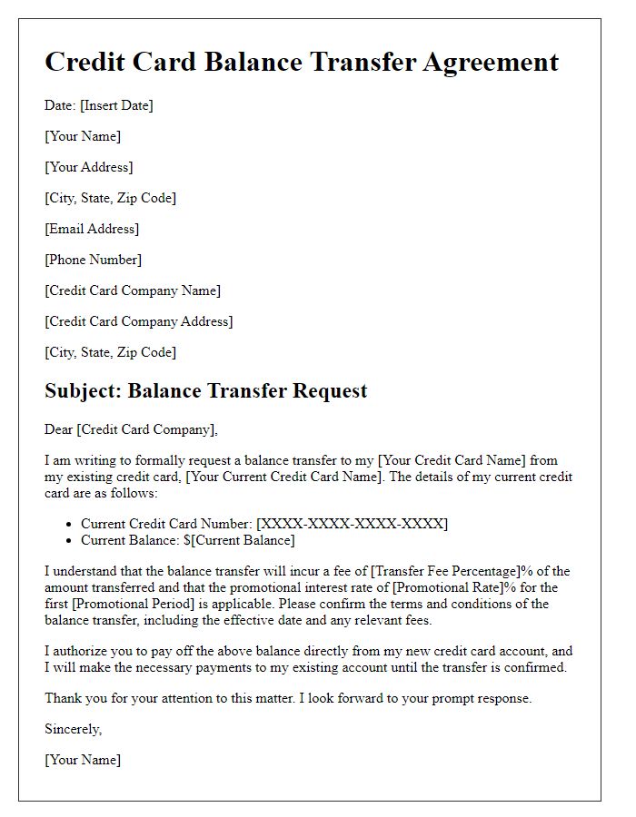 Letter template of credit card balance transfer agreement