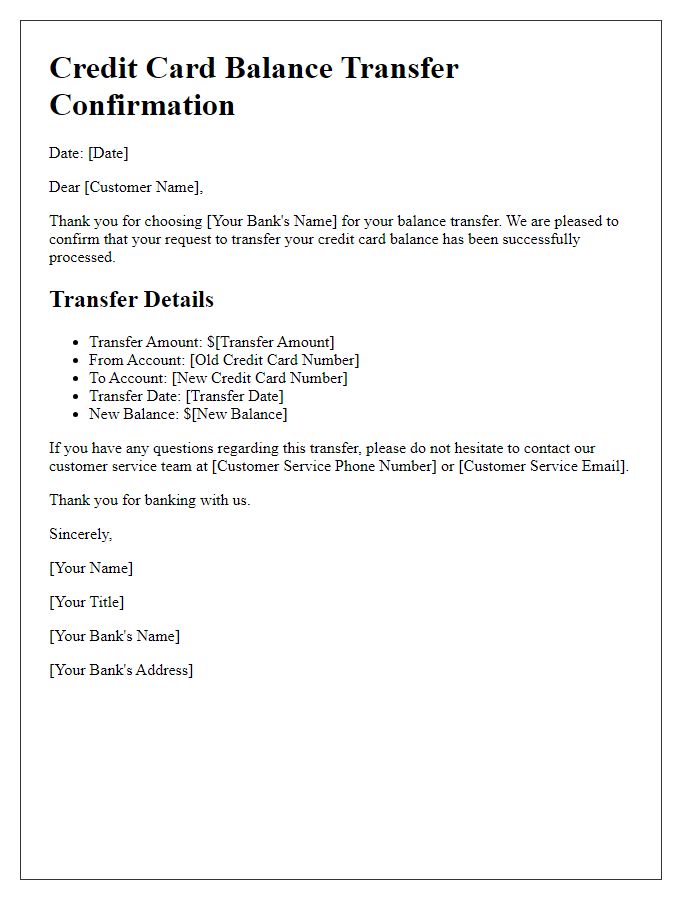 Letter template of credit card balance transfer confirmation