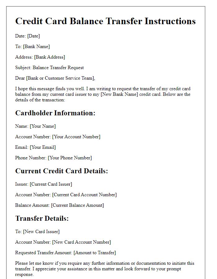 Letter template of credit card balance transfer instructions