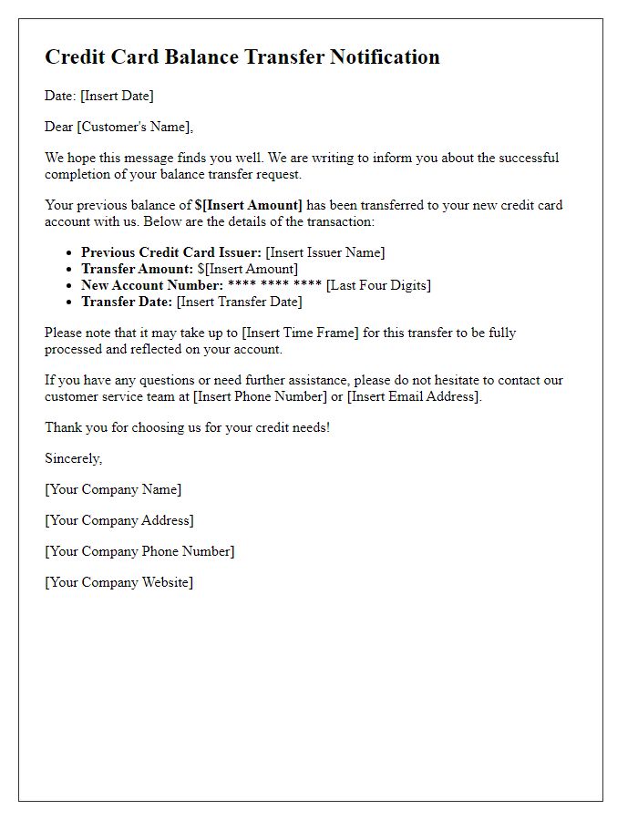 Letter template of credit card balance transfer notification