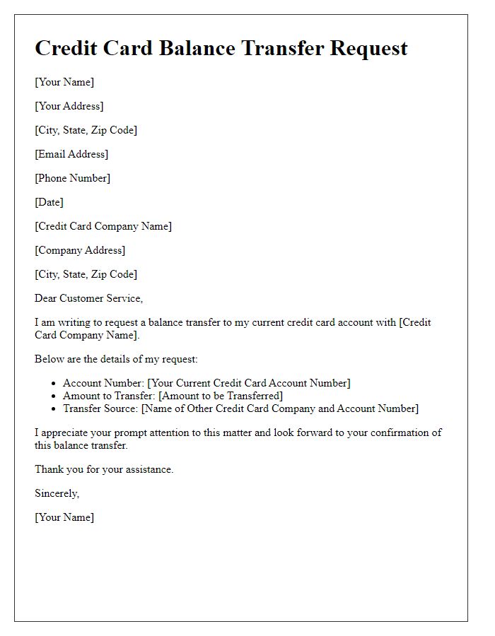 Letter template of credit card balance transfer request