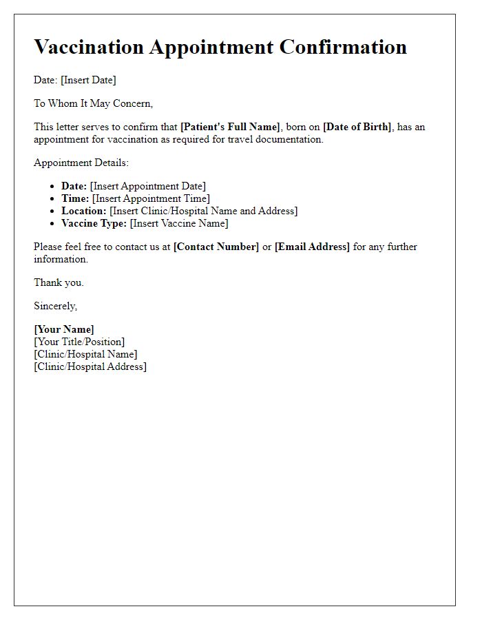 Letter template of vaccination appointment for travel documentation