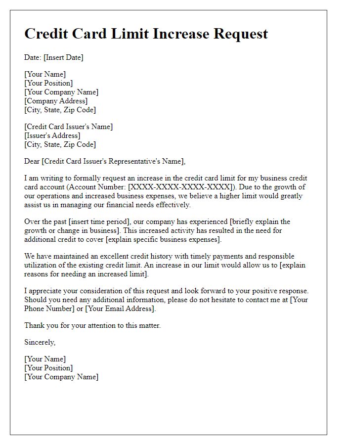 Letter template of credit card limit increase request for business expenses.