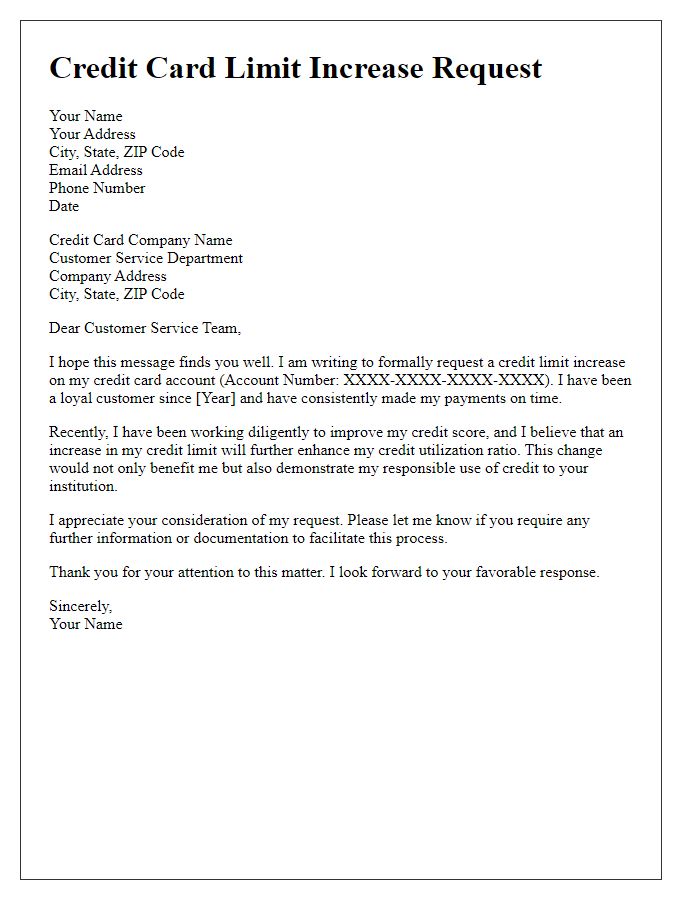 Letter template of credit card limit increase request for improved credit score.