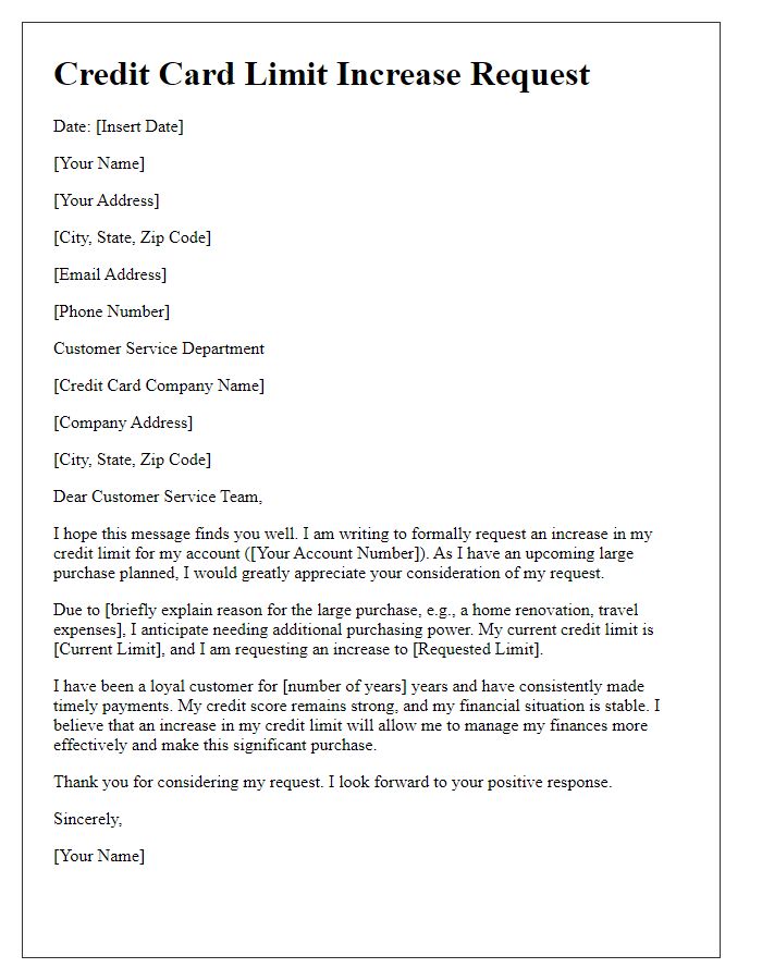 Letter template of credit card limit increase request for upcoming large purchases.