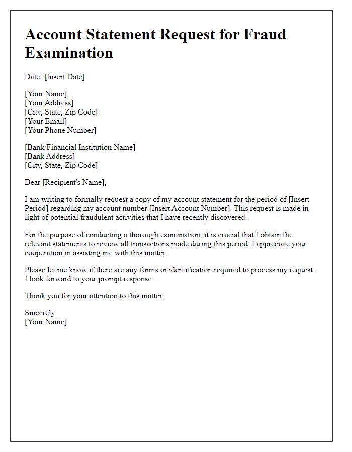 Letter template of account statement request for fraud examination