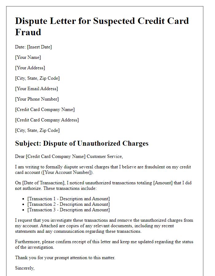 Letter template of dispute for suspected credit card fraud