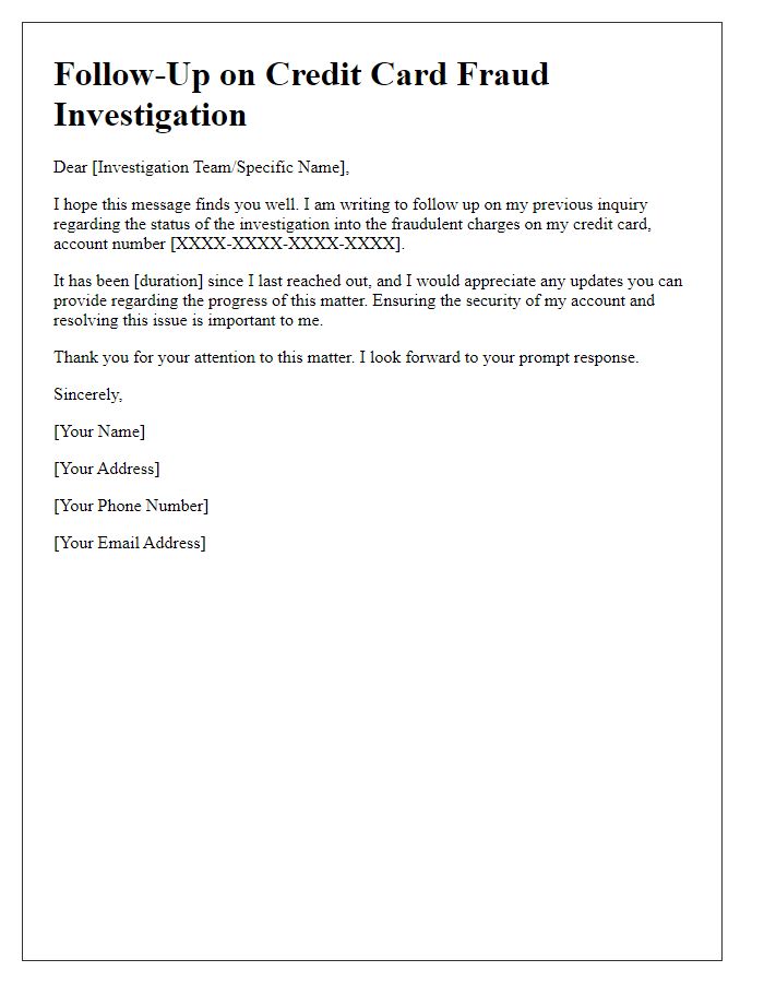 Letter template of follow-up on credit card fraud investigation status