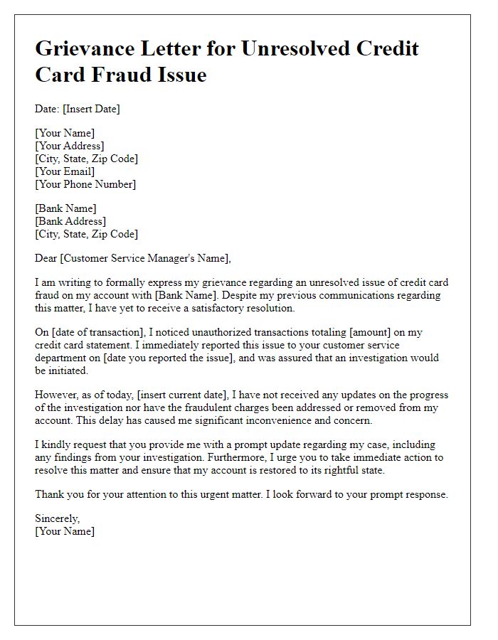 Letter template of grievance for unresolved credit card fraud issue