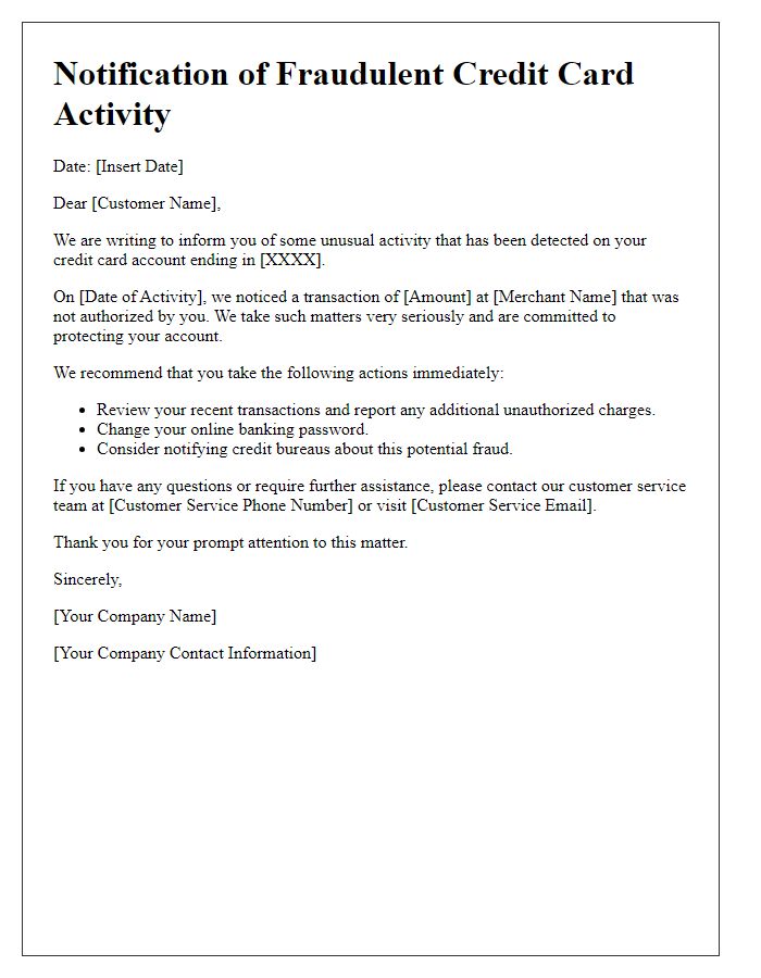 Letter template of notification of fraudulent credit card activity