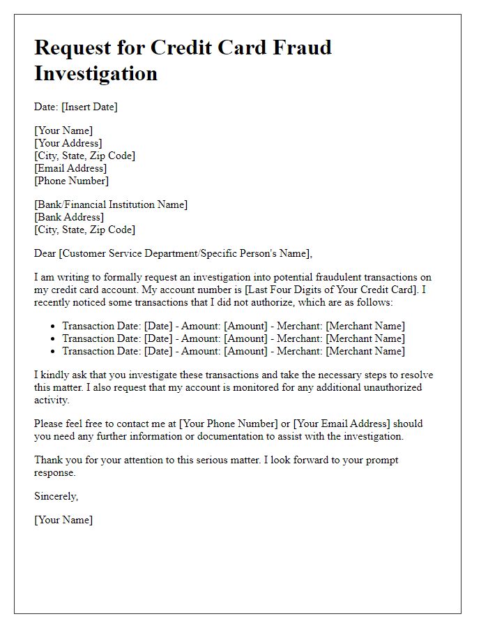 Letter template of request for credit card fraud investigation