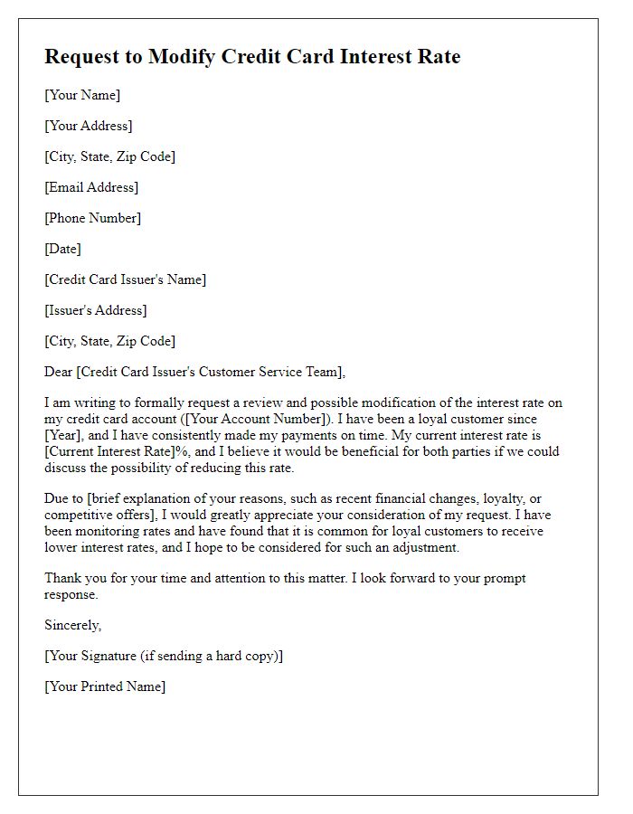 Letter template of request to modify credit card interest rate