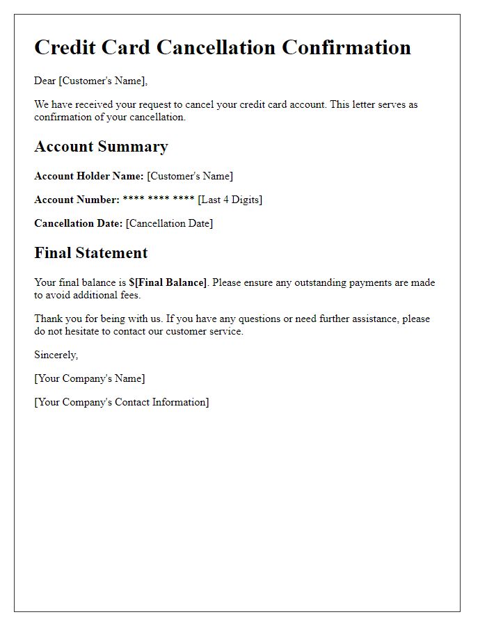 Letter template of Credit Card Cancellation Confirmation with Account Summary