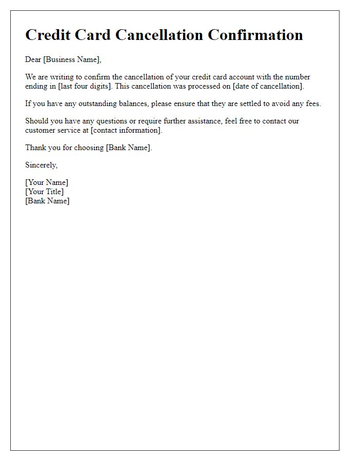 Letter template of Credit Card Cancellation Confirmation for Business Account