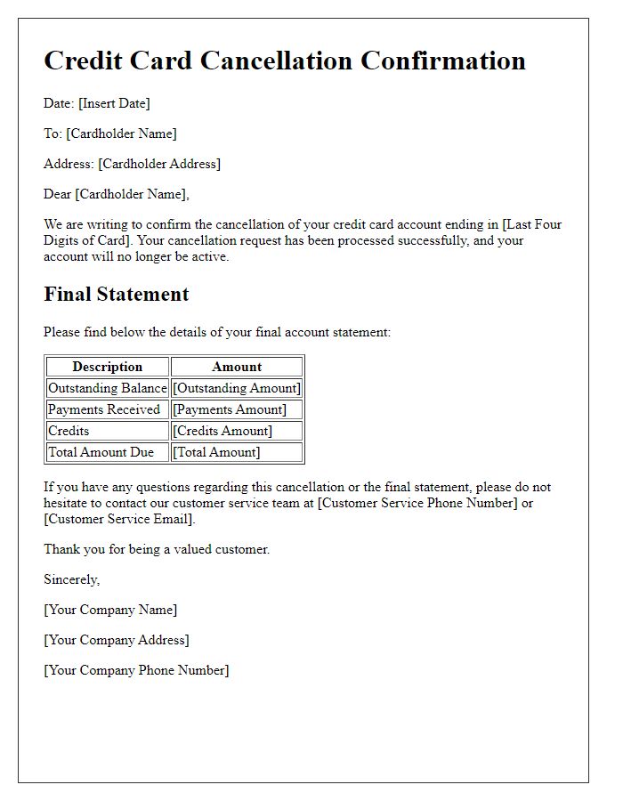 Letter template of Credit Card Cancellation Confirmation with Final Statement