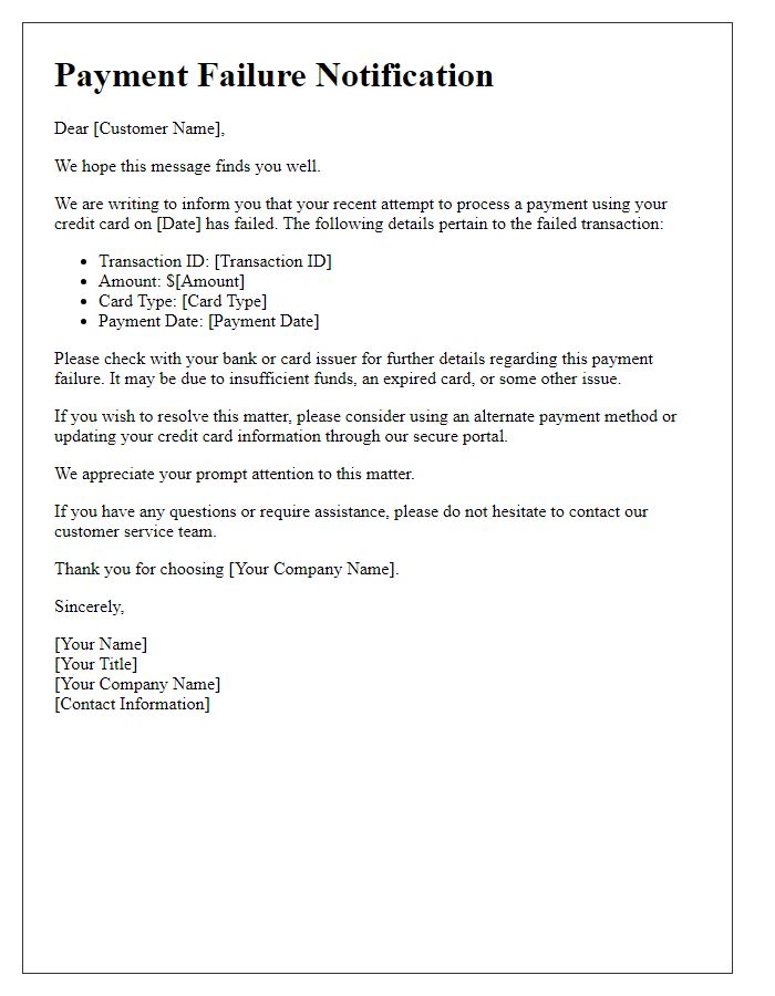 Letter template of credit card payment failure notification.