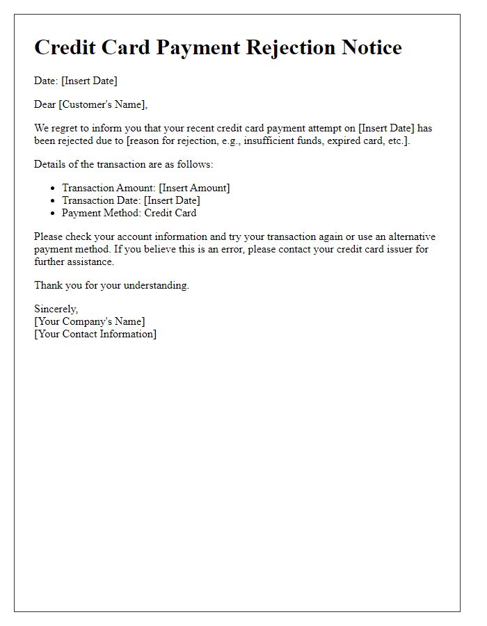 Letter template of credit card payment rejection notice.