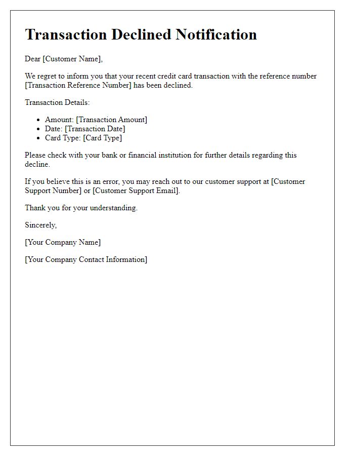 Letter template of declined credit card transaction message.