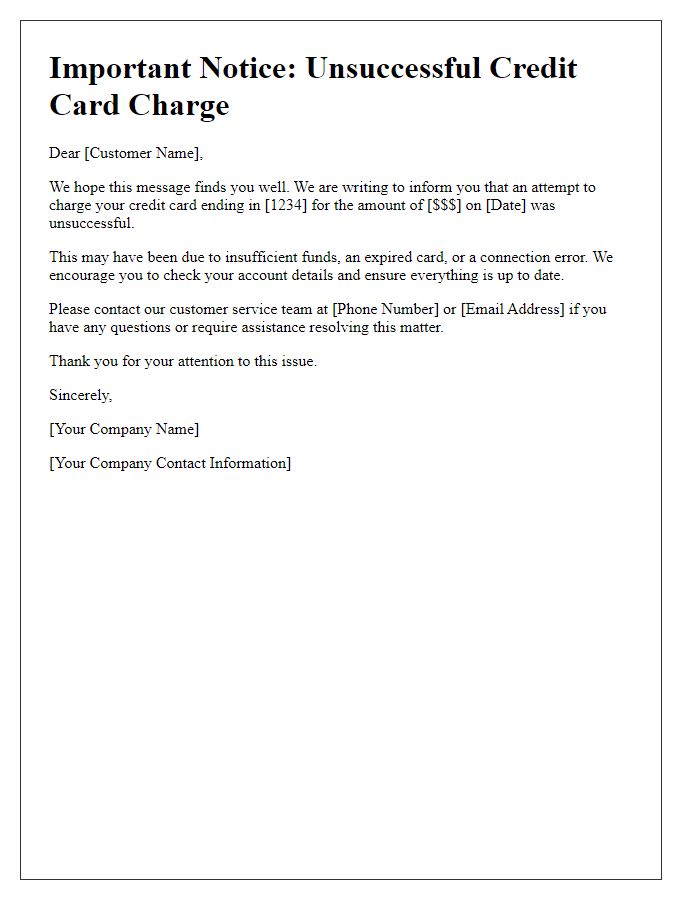 Letter template of unsuccessful credit card charge alert.