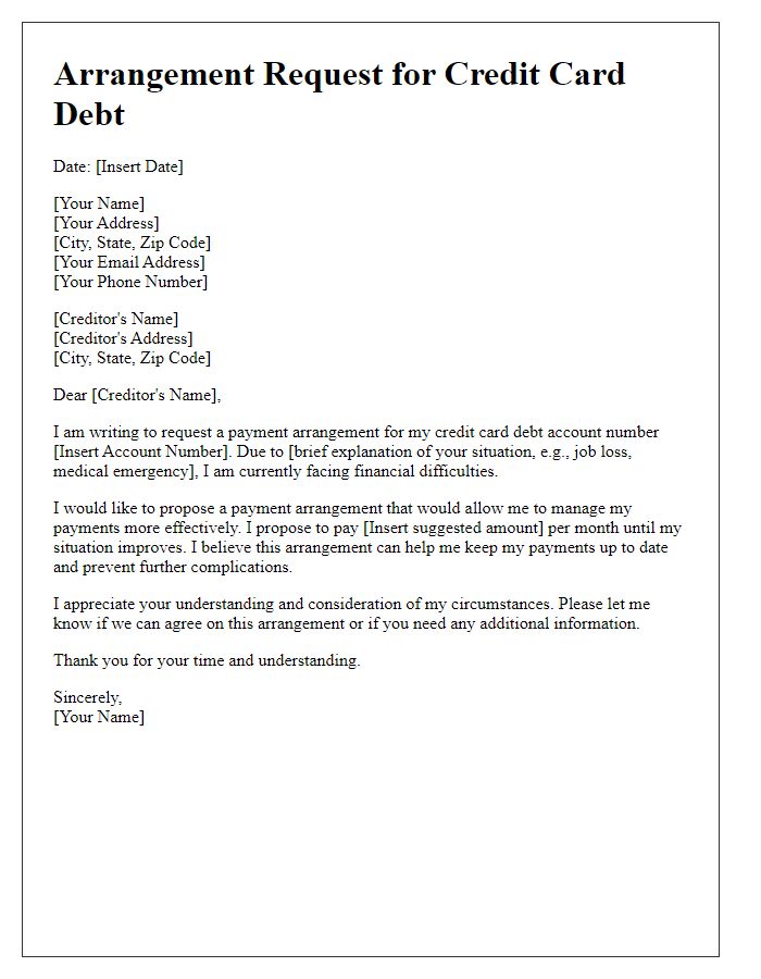 Letter template of arrangement request for credit card debt.