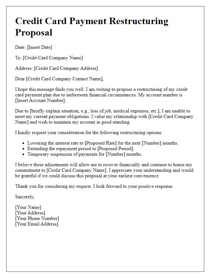 Letter template of credit card payment restructuring proposal.