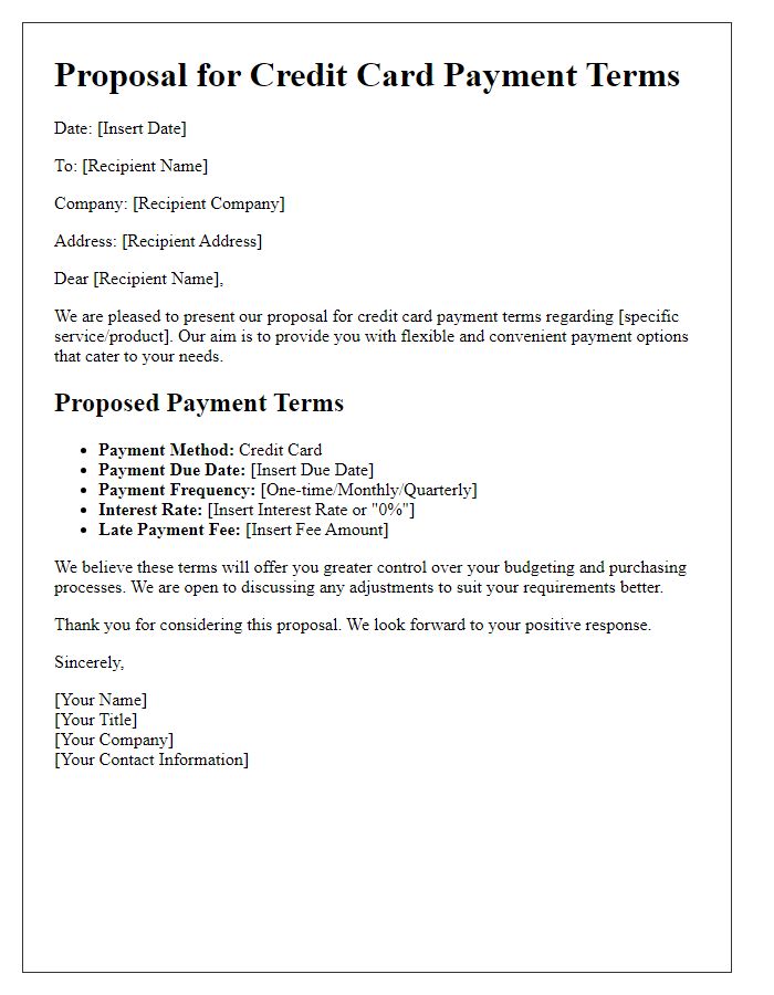 Letter template of proposal for credit card payment terms.