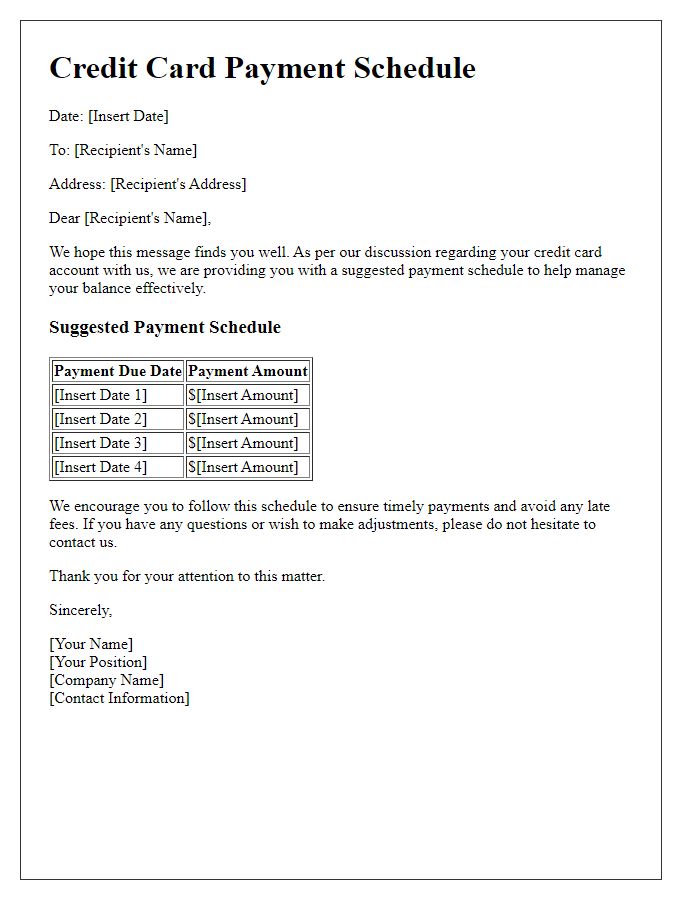 Letter template of suggested credit card payment schedule.