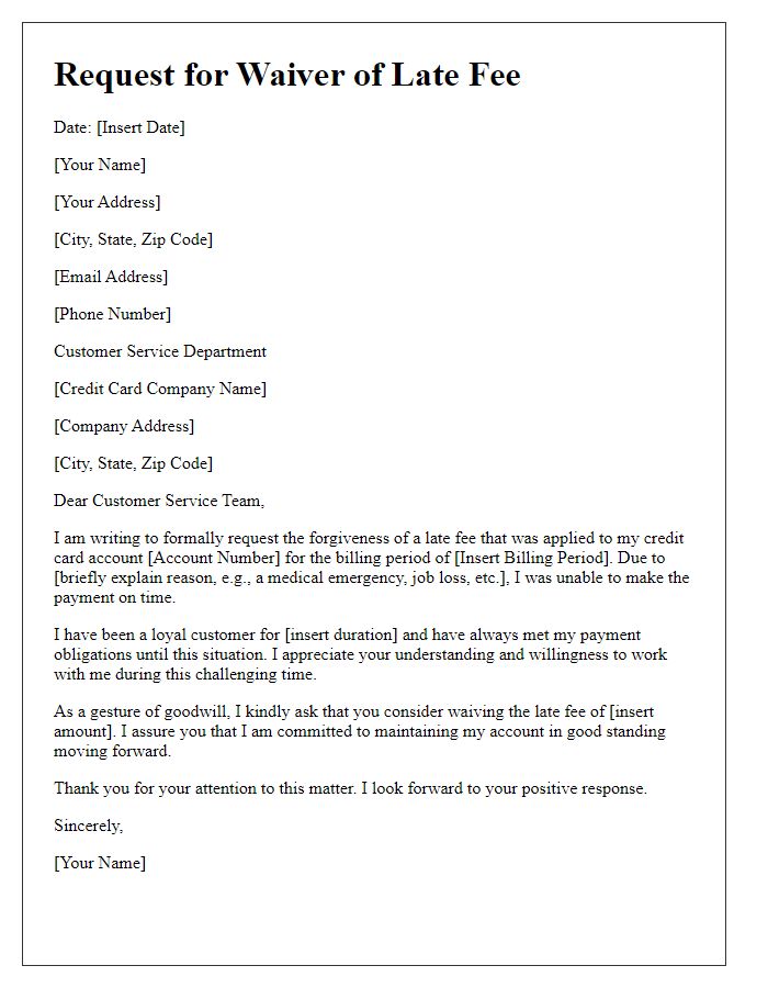 Letter template of appeal for credit card late fee forgiveness