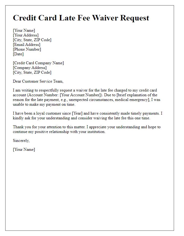 Letter template of submission for credit card late fee waiver request