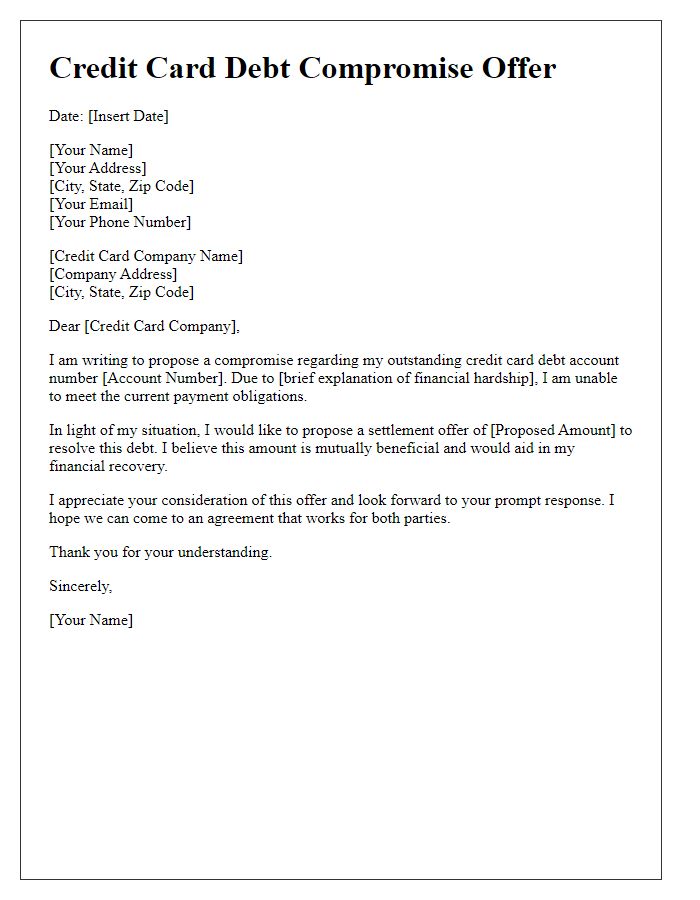 Letter template of credit card debt compromise offer