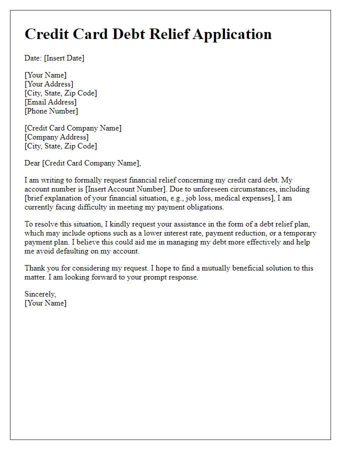 Letter template of credit card debt relief application