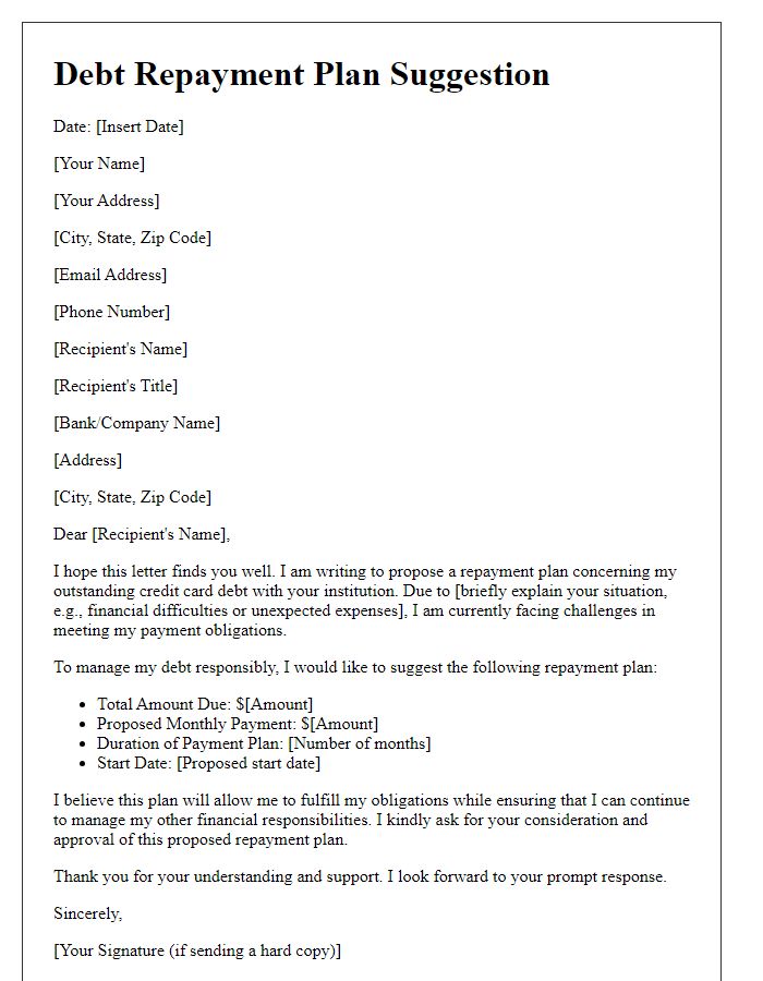 Letter template of credit card debt repayment plan suggestion