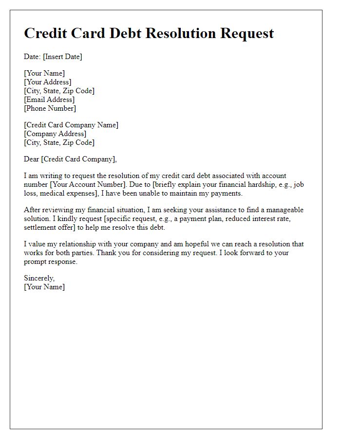 Letter template of credit card debt resolution request