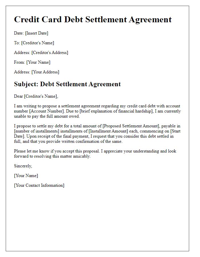 Letter template of credit card debt settlement agreement