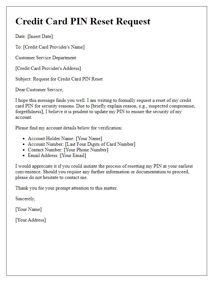 Letter template of Credit Card PIN Reset Request for Account Security Update