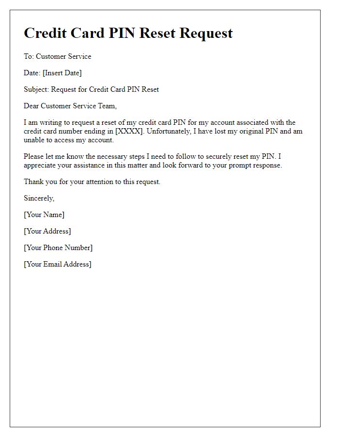 Letter template of Credit Card PIN Reset Request for Lost PIN