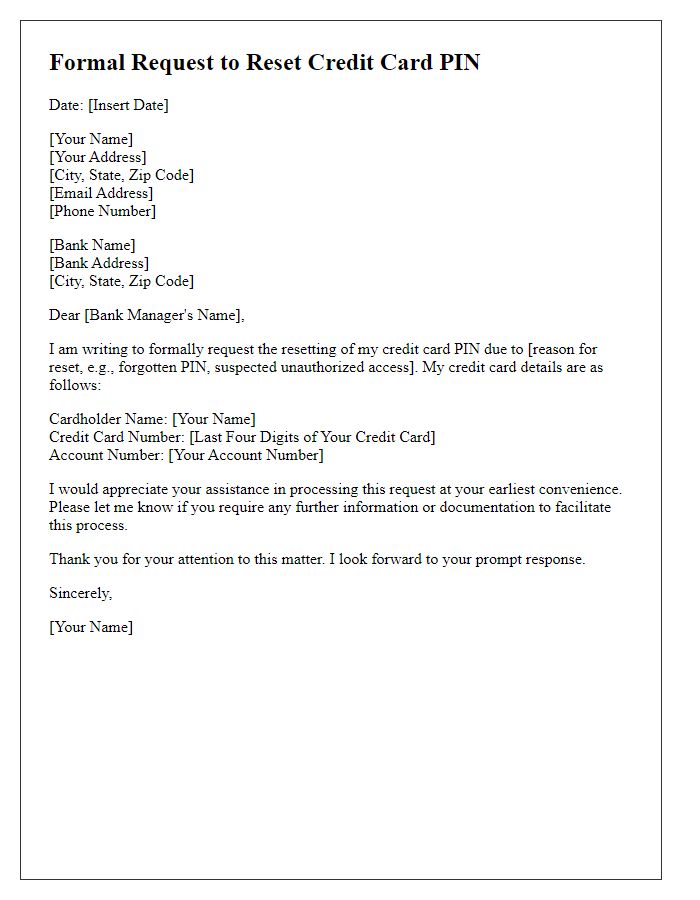 Letter template of Formal Request to Reset Credit Card PIN