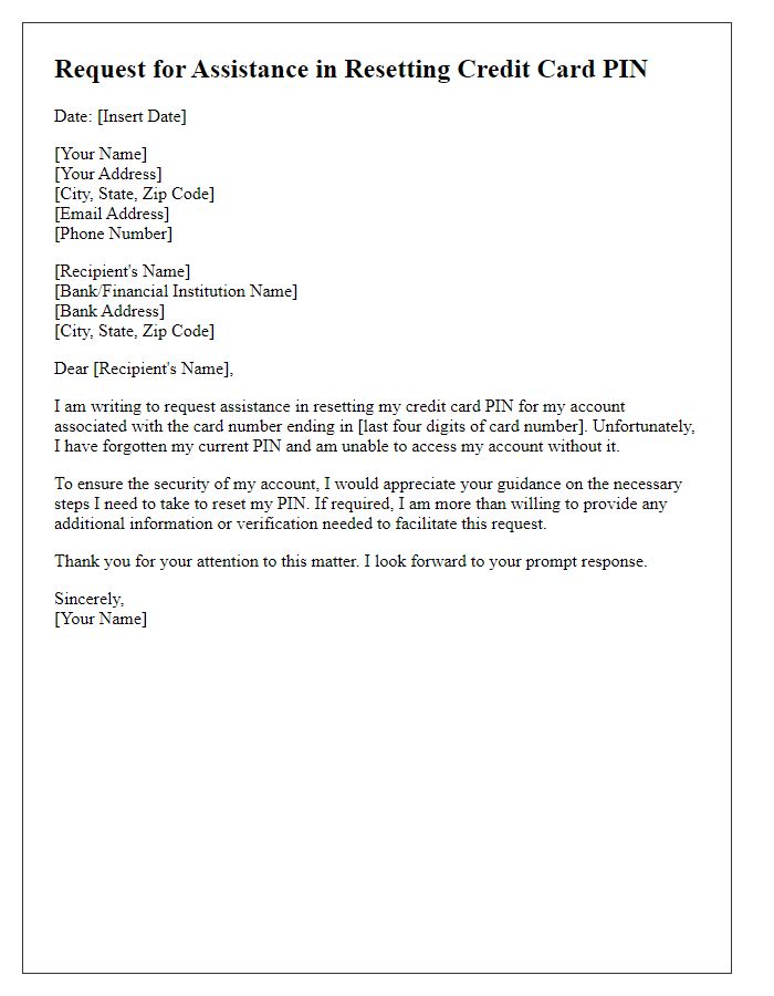 Letter template of Request for Assistance in Resetting Credit Card PIN