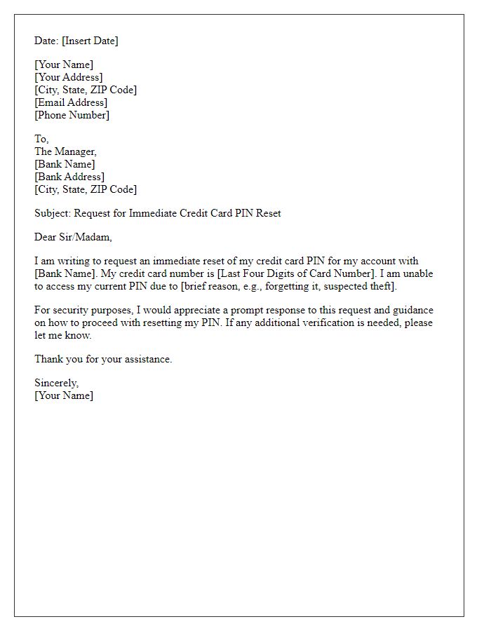 Letter template of Request for Immediate Credit Card PIN Reset