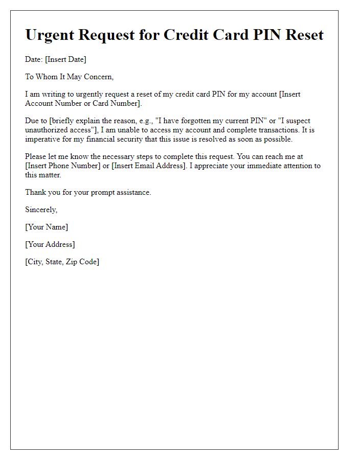 Letter template of Urgent Request for Credit Card PIN Reset