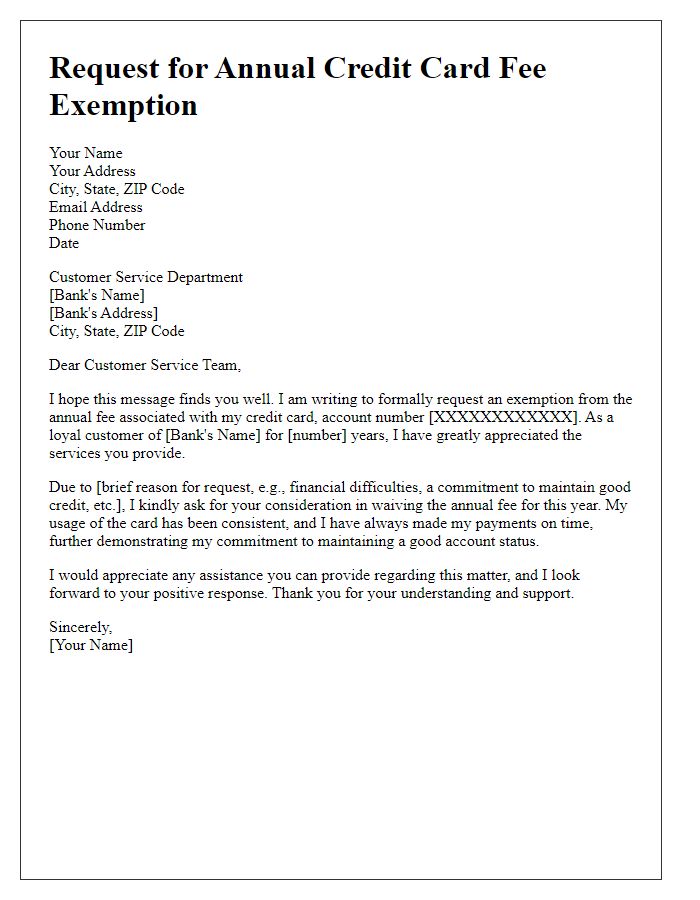 Letter template of appeal for annual credit card fee exemption