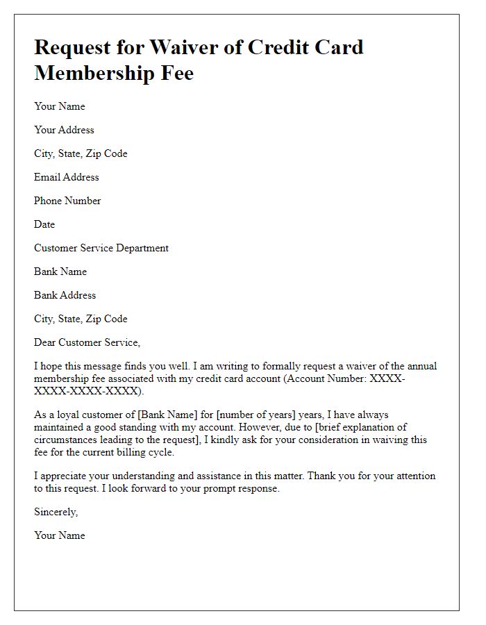 Letter template of demand for credit card membership fee waiver