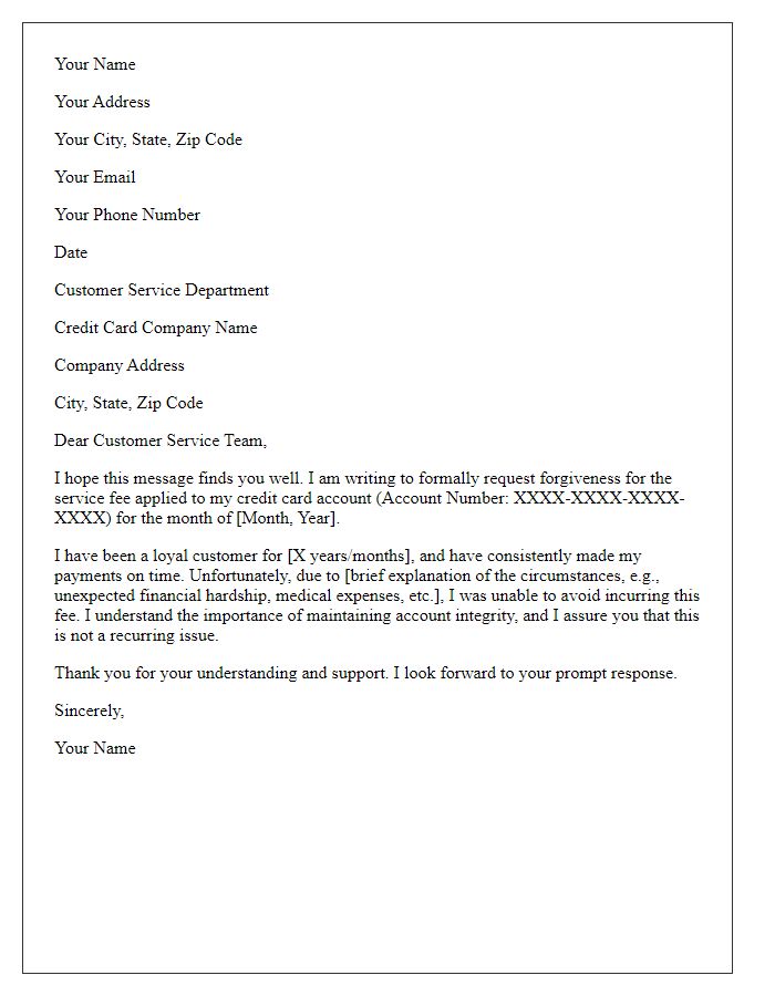 Letter template of request for credit card service fee forgiveness