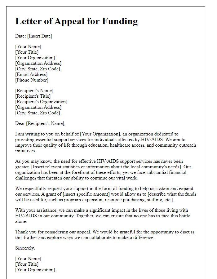 Letter template of appeal for funding for HIV/AIDS support services.