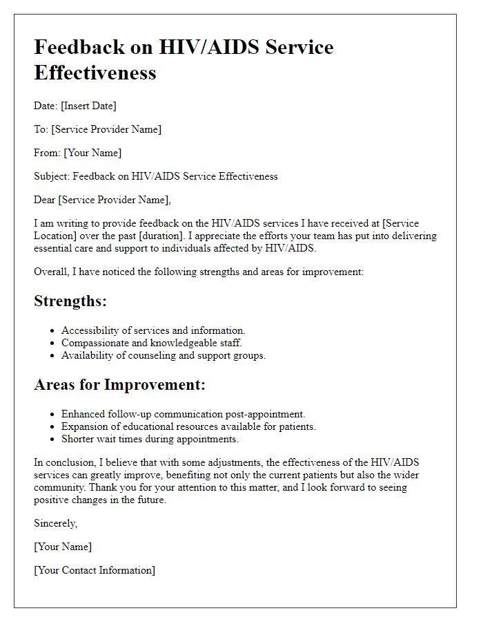 Letter template of feedback regarding HIV/AIDS service effectiveness.